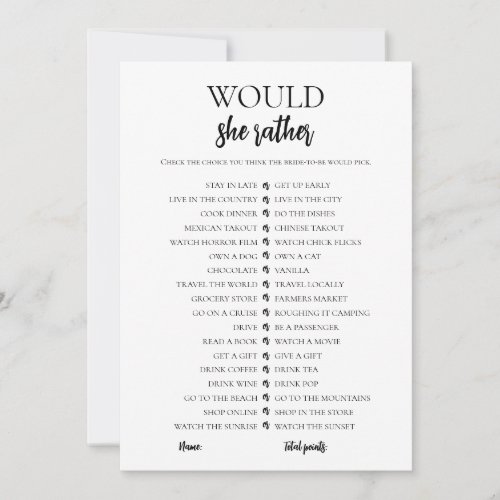 Minimalist Would She Rather Bridal Shower Card