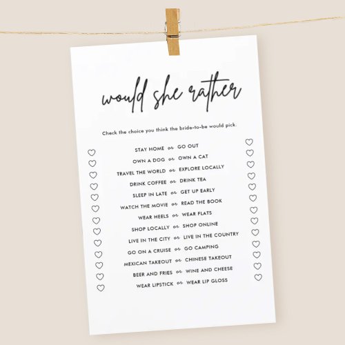 Minimalist Would She Rather Bridal Shower Game 