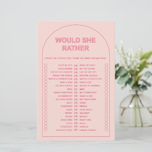 Minimalist would she rather bridal shower game fly | Zazzle