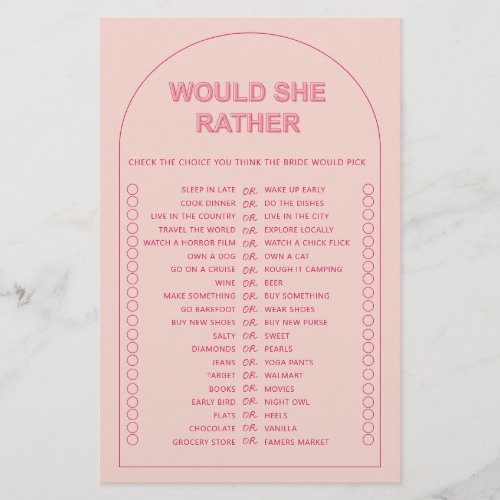 Minimalist would she rather bridal shower game flyer