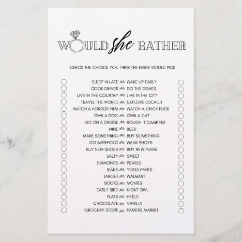 Minimalist would she rather bridal shower game flyer