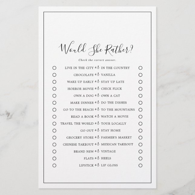 Minimalist Would She Rather Game Flyer (Front)