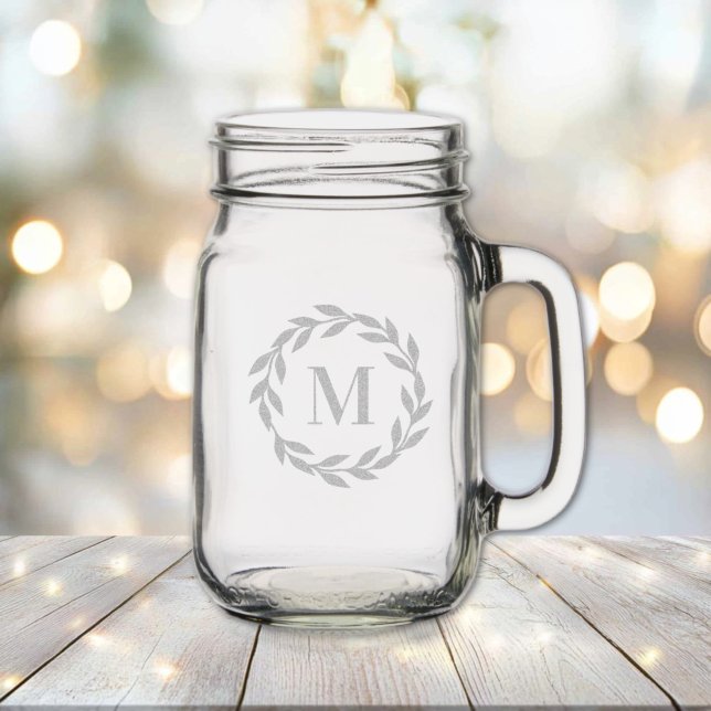 Minimalist Wreath Bold Monogram Mason Jar W/ Handle (Minimalist Wreath Bold Monogram Mason Jar W/ Handle
)