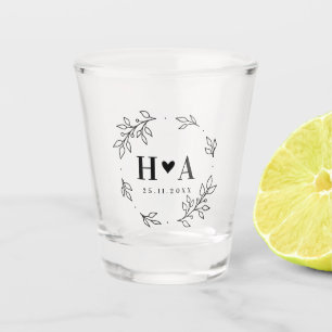 Minimalist Wreath Couple Monogram Wedding Favor Shot Glass