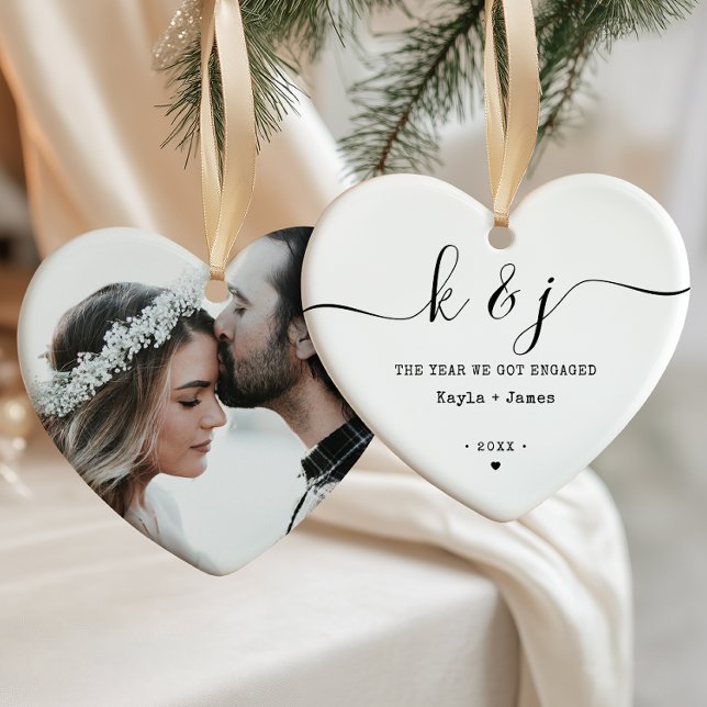 Minimalist Year We Got Engaged Names & Photo Ceramic Ornament (Creator Uploaded)