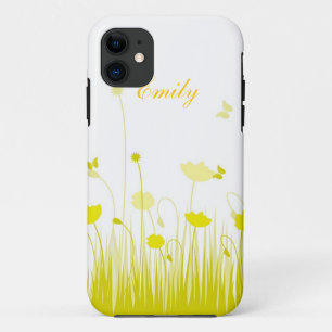Minimalist Yellow and White Poppies Meadow Name iPhone 11 Case