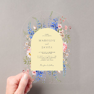 Minimalist Yellow Boho Wildflower Floral Wedding Acrylic Invitations