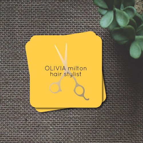 Minimalist Yellow Faux Gold Scissors Hair Stylist Square Business Card