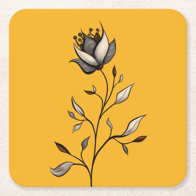 Minimalist Yellow Flower Abstract Art Square Paper Coaster (Front)