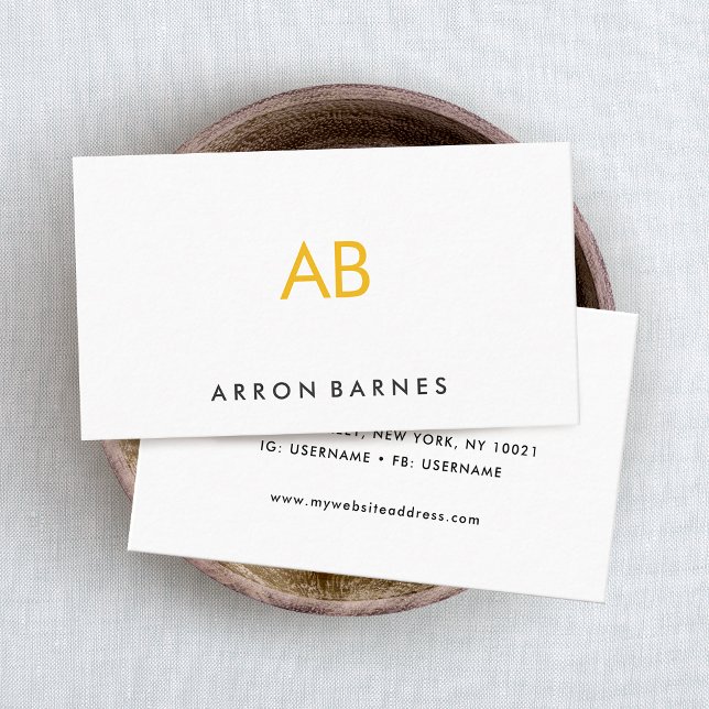 Minimalist Yellow Monogram Modern White Business Card (Creator Uploaded)
