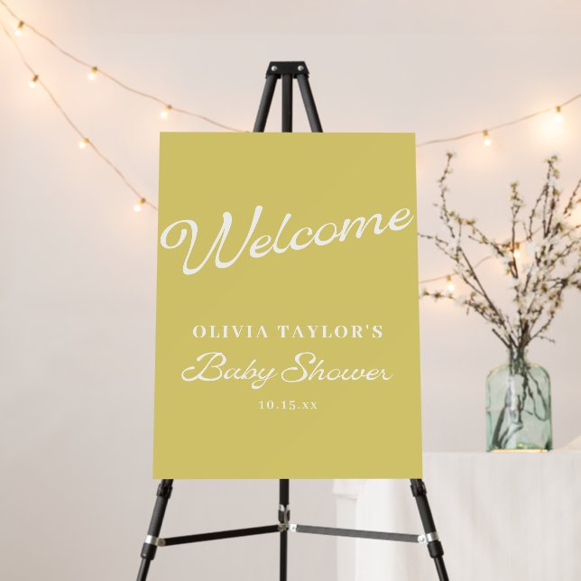 Minimalist Yellow Retro Script Baby Shower Welcome Foam Board (In Situ (Stand))