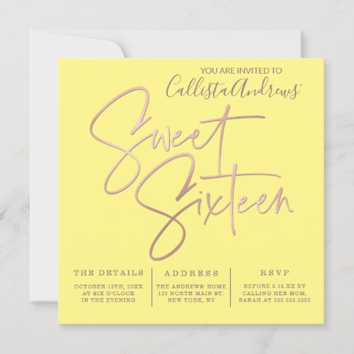 Minimalist Yellow Rose Gold Typography Sweet 16 Invitation