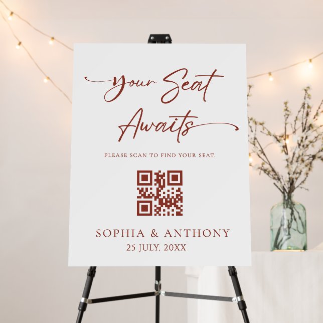 Minimalist Your Seat Awaits QR Code Wedding Sign  (In Situ (Stand))