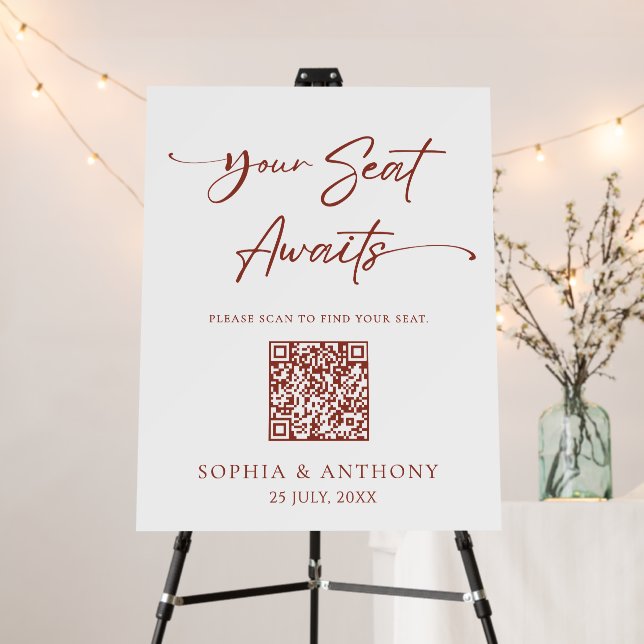 Minimalist Your Seat Awaits QR Code Wedding Sign  (In Situ (Stand))