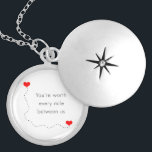 minimalist "you're worth every mile between us" silver plated necklace<br><div class="desc">Clear and simple design representing the romantic phrase "you're worth every mile between us" and two red hearts connected with a long dotted line. Perfect gift for someone in a long distance relationship. You may customize the product by changing the background or adding a photo.</div>