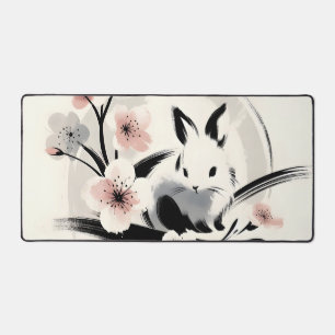 Minimalist Zen Ink Bunny Cherry Blossoms Desk Mat