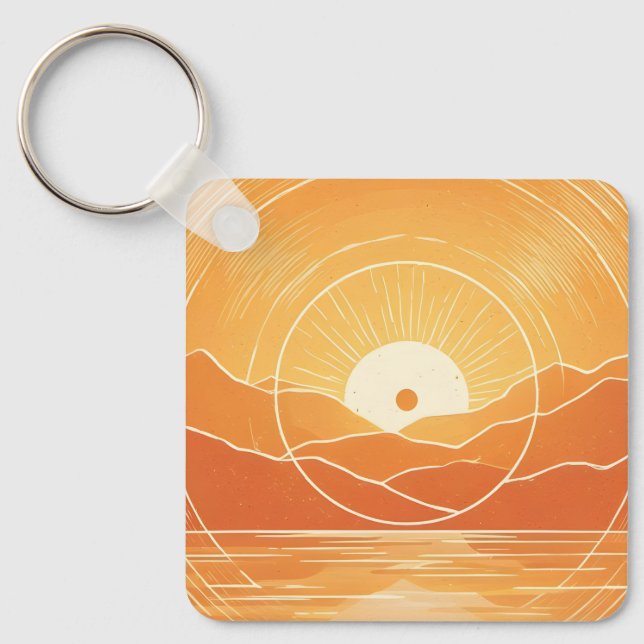 Minimalist Zen Mountain Ocean Retro Sunset Keychain (Front)