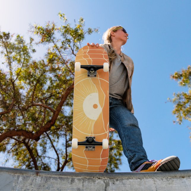 Minimalist Zen Mountain Ocean Retro Sunset Skateboard (Outdoor 1)