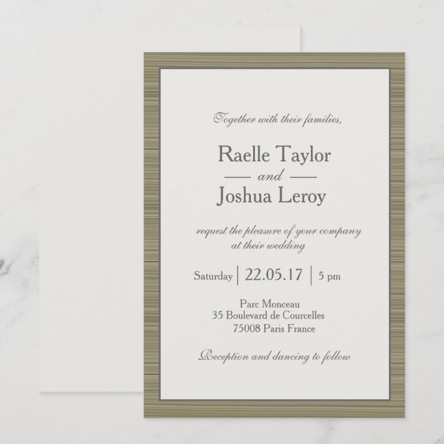 Minimalist zen olive green gray stripes wedding invitation (Front/Back)