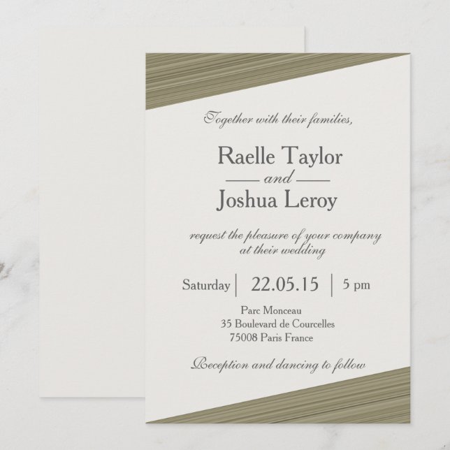 Minimalist zen olive green stripes gray wedding invitation (Front/Back)