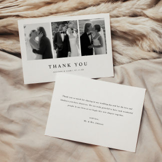 Minimalistic 3-Photo Black & White Wedding Thank You Card
