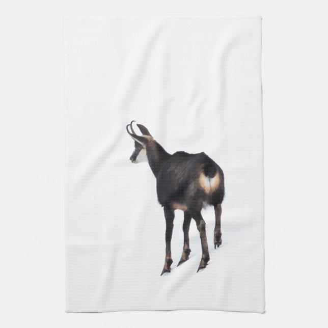 Minimalistic Alpine Chamois mountain goat on snow Kitchen Towel (Vertical)