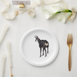Minimalistic Alpine Chamois mountain goat on snow Paper Plates