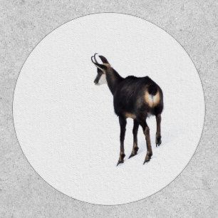 Minimalistic Alpine Chamois mountain goat on snow Patch