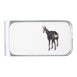 Minimalistic Alpine Chamois mountain goat on snow Silver Finish Money Clip