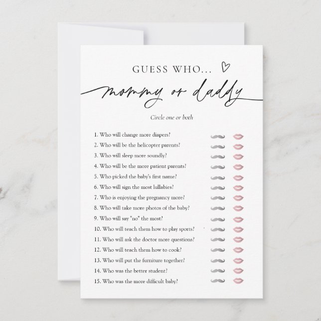 Minimalistic Baby Shower Mommy or Daddy Game Card (Front)