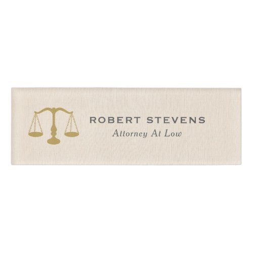 Minimalistic Beige linen  Gold Justice Scale Name Tag