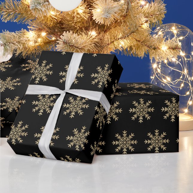 Minimalistic Black and Gold Snowflakes Christmas  Wrapping Paper (Holidays)