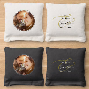 Minimalistic Black and White Calligraphy Add Photo Cornhole Bags