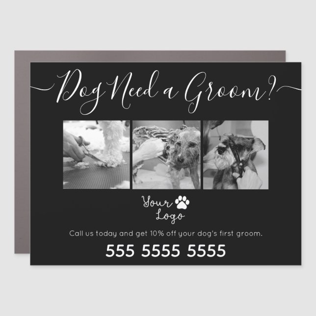 Minimalistic Black and White Dog Grooming Add Logo Car Magnet (Front)