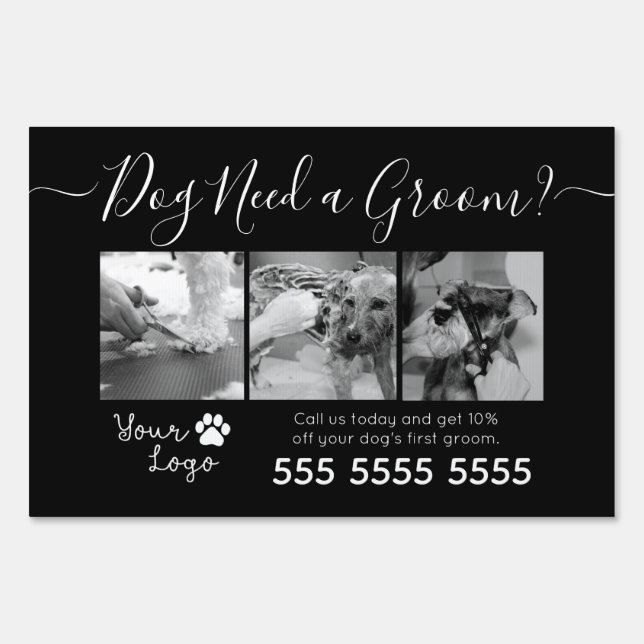 Minimalistic Black and White Dog Grooming Add Logo Sign (Front)
