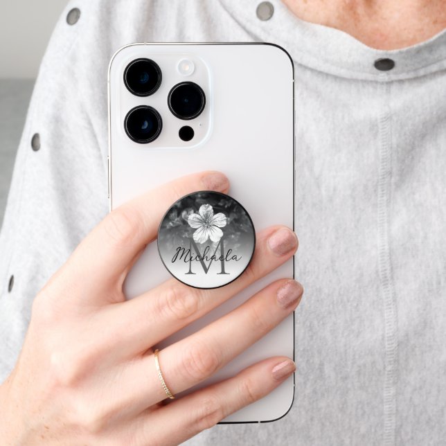 Minimalistic black and white flower petal Monogram PopSocket (Hand)