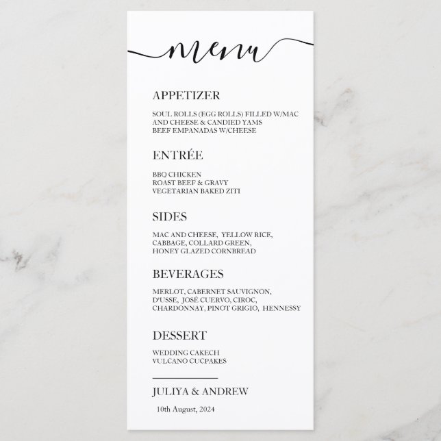 Minimalistic black and white  Wedding Menu card  (Front)