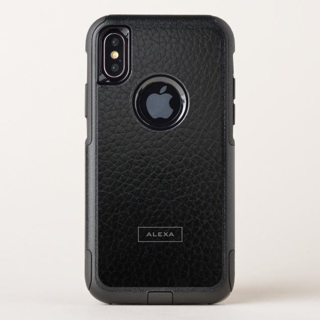 Minimalistic Black Faux Leather Monogram Otterbox iPhone Case (Back)
