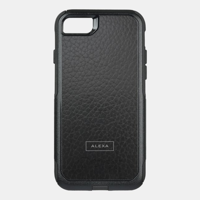 Minimalistic Black Faux Leather Monogram Otterbox iPhone Case (Back)