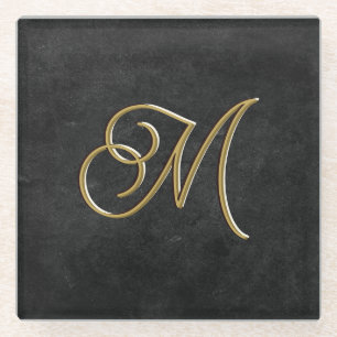 Minimalistic Black & Gold Vintage Luxury Monogram Glass Coaster