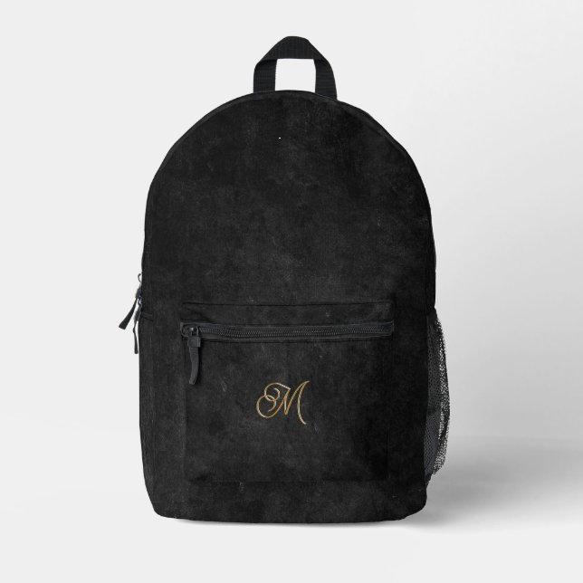  Minimalistic Black & Gold Vintage Luxury Monogram Printed Backpack (Front)