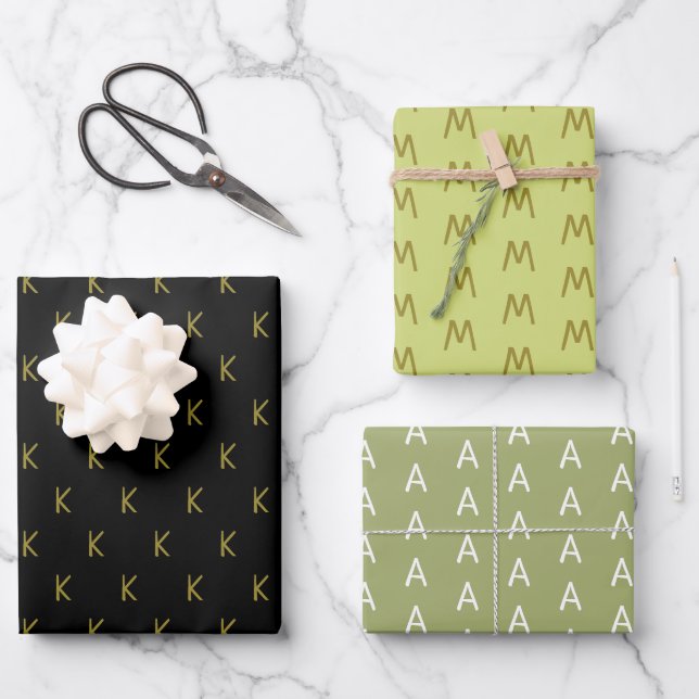 Minimalistic Black Green and Gold Monogram Wrapping Paper Sheets (Front)