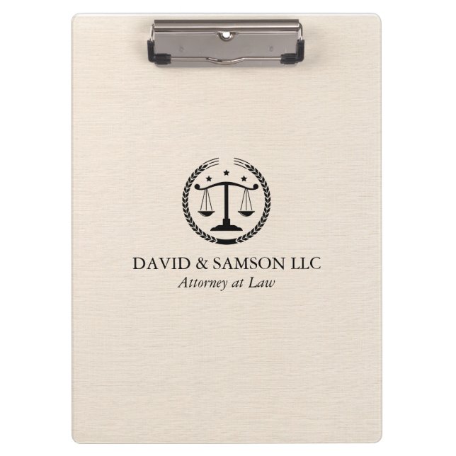 Minimalistic Black Justice Logo On Beige Linen Clipboard (Front)