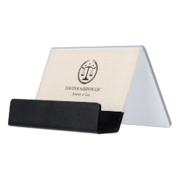 Minimalistic Black Justice Logo On Beige Linen Desk Business Card Holder