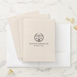 Minimalistic Black Justice Logo On Beige Linen Pocket Folder