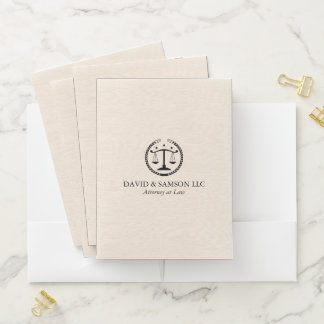 Minimalistic Black Justice Logo On Beige Linen Pocket Folder