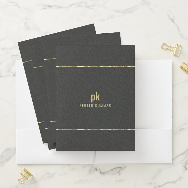 Minimalistic Black Leather Gold Typography  Pocket Folder (In Situ)