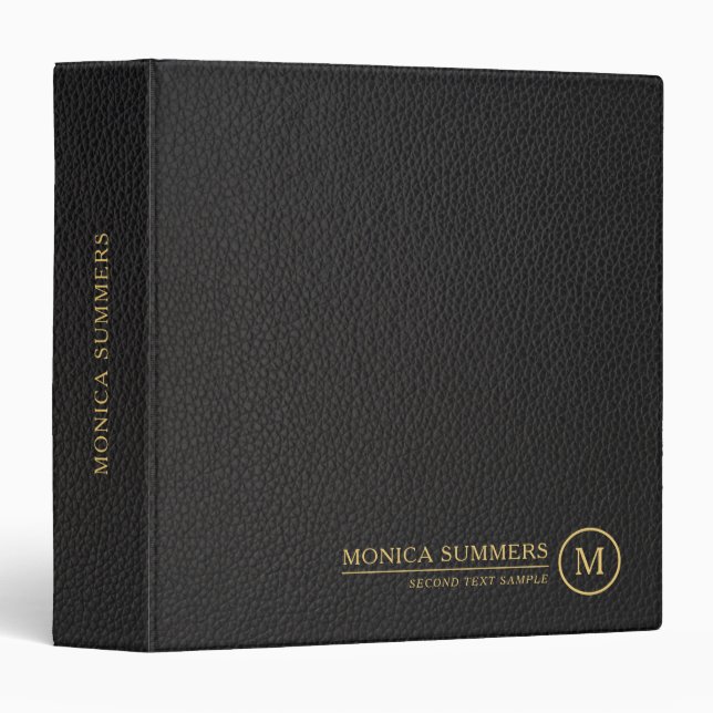 Minimalistic Black Leather Text Custom Monogram 3 Ring Binder (Front/Spine)