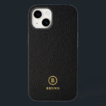 Minimalistic Black Leather Text Custom Monogram Case-Mate iPhone 14 Case<br><div class="desc">Black vintage leather texture image background,  minimalistic design with gold tones typography.
Custom monogram.</div>