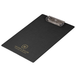 Minimalistic Black Linen Texture Gold Typography Clipboard